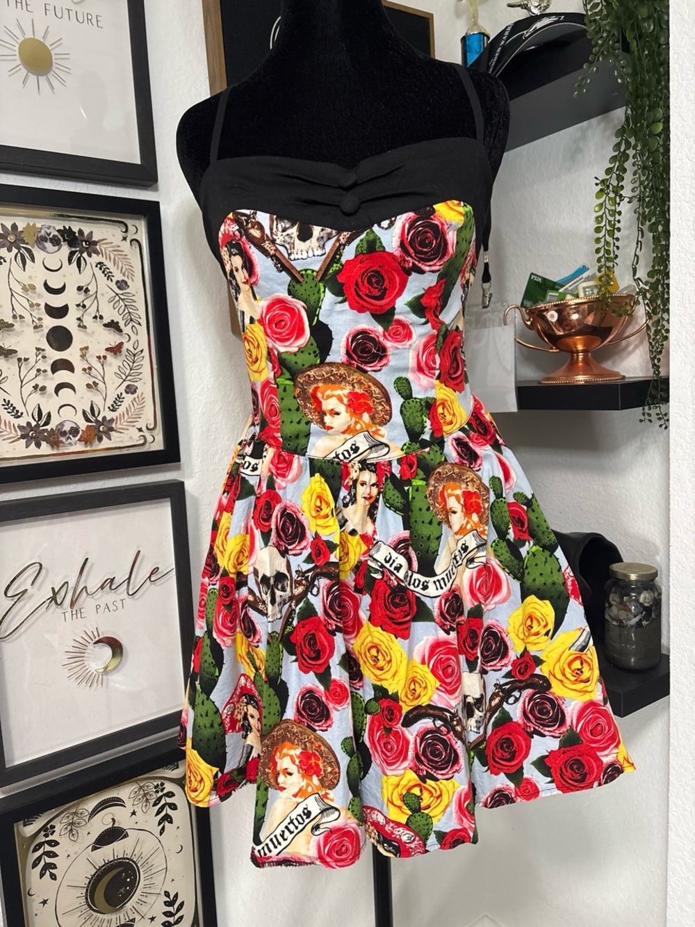 Hell Bunny Cancun Mini Dress Dia de Los Muertos Sugar Skull Rockabilly Size M